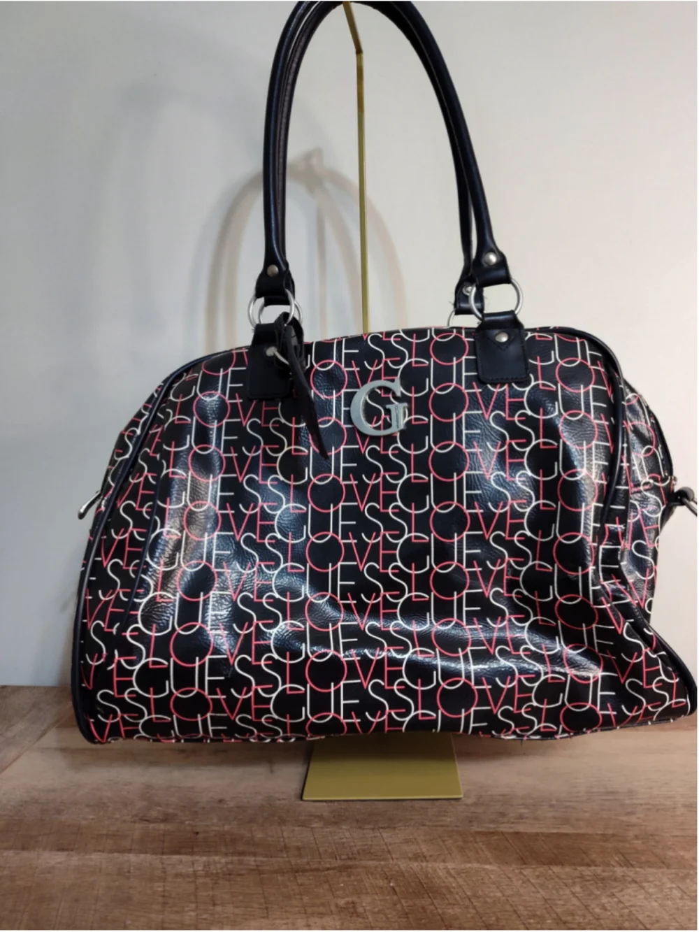 Women's Guess Satchel Bag One Size Black and White Logo Print